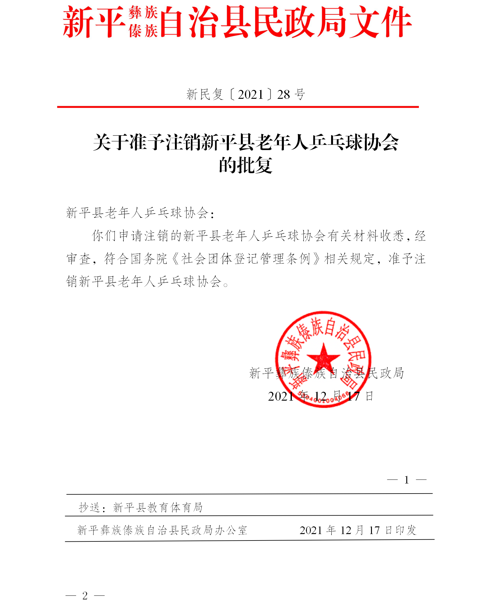 新民复〔2021〕28号  关于准予注销新平县老年人乒乓球协会的批复.png
