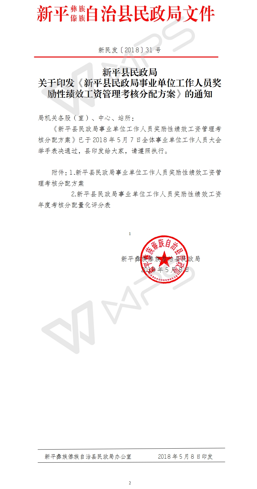 新民发〔2018〕31号  关于印发新平县民政局事业单位工作人员奖励性绩效工资管理考核分配方案的通知(盖章）.jpg