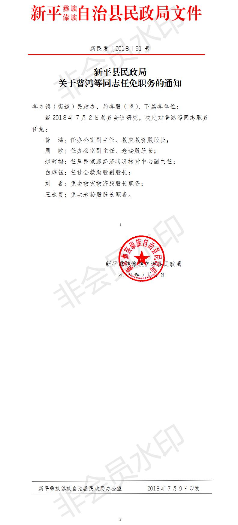 新民发〔2018〕51  号 新平县民政局关于普鸿等同志任免职务的通知(2).jpg