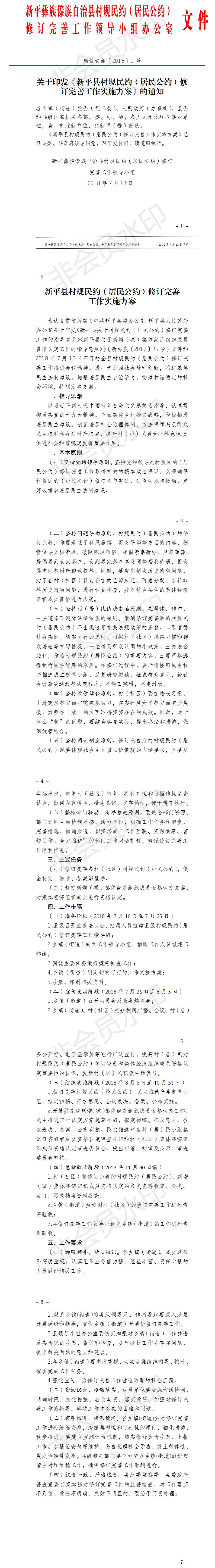 新修订组[2018]1号  关于印发《新平县村规民约（居民公约）修订完善工作实施方案》的通知.jpg