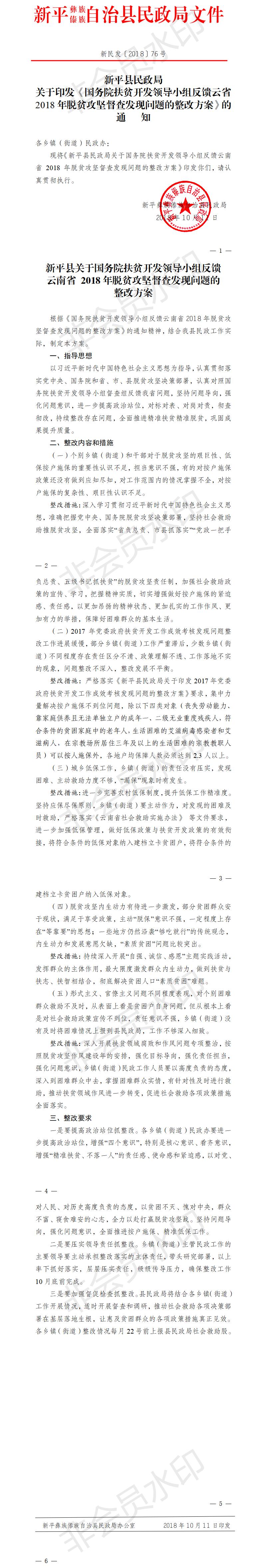 新民发〔2018〕76号  新平县民政局关于印发《国务院扶贫开发领导小组反馈云省 2018年脱贫攻坚督查发现问题的整改方案》的通知.jpg