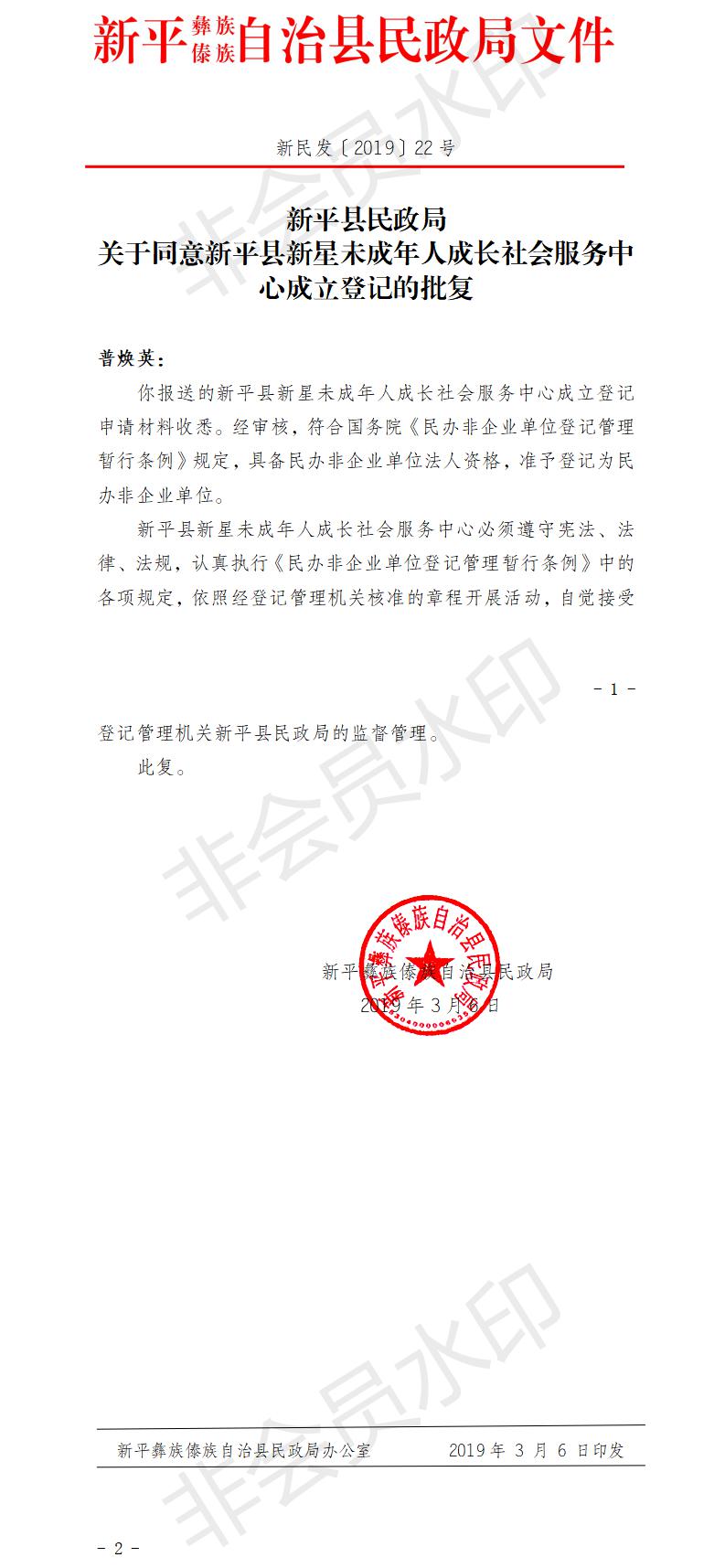 新民发〔2019〕22号  关于同意新平县新星未成年人成长社会服务中心成立登记的批复.jpg