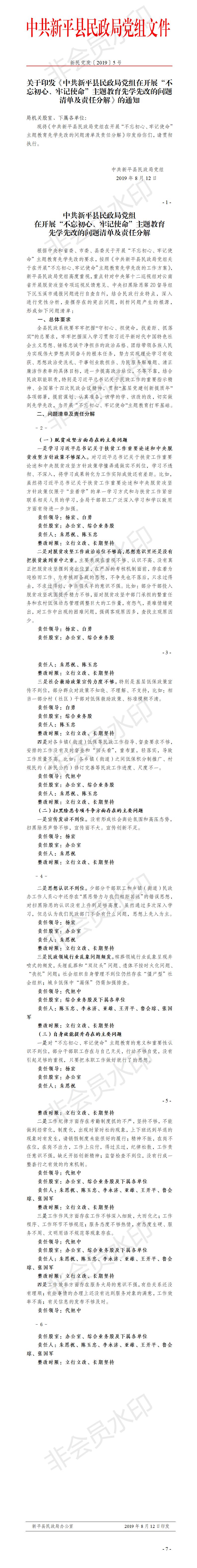 新民党发〔2019〕5号 关于印发《中共新平县民政局党组在开展“不忘初心、牢记使命”主题教育先学先改的问题清单及责任分解》的通知.jpg
