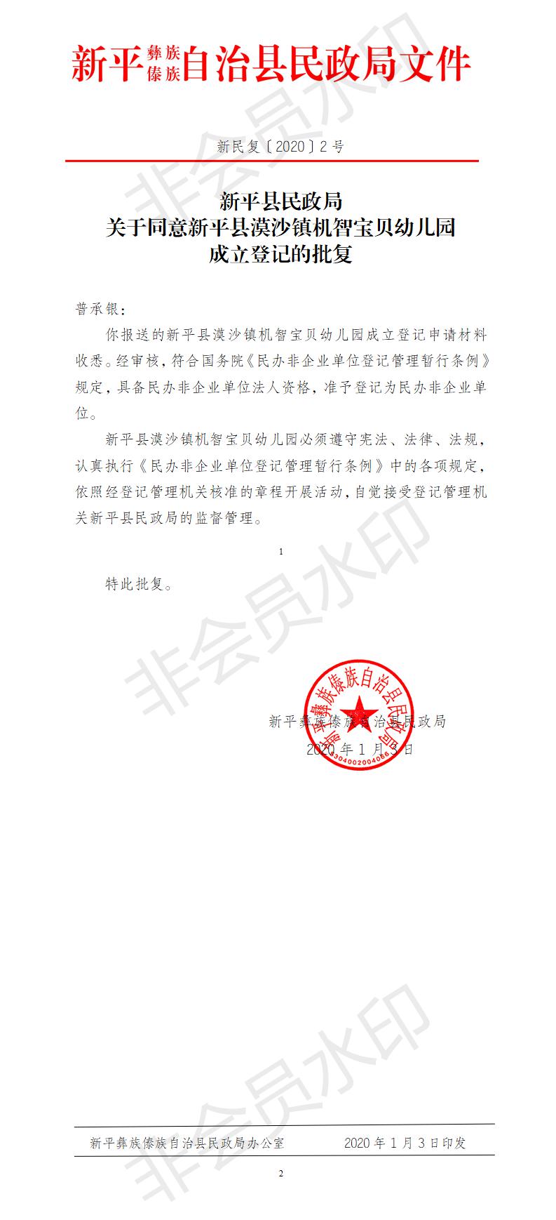 新民复〔2020〕2号  关于同意新平县漠沙镇机智宝贝幼儿园成立登记的批复.jpg