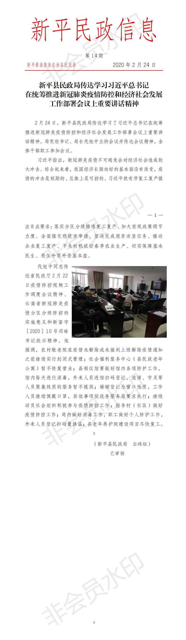 第14期  新平县民政局传达学习习近平总书记在统筹推进新冠肺炎疫情防控和经济社会发展工作部署会议上重要讲话精神.jpg